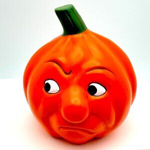 Grumpy Pumpkin Figurine Jack O Lantern Halloween Decor 4" Orange Vintage Funny F